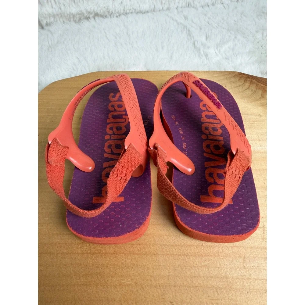 Havaianas Baby Brasil Logo Purple Coral Orange Backstrap Sandals Size 8C